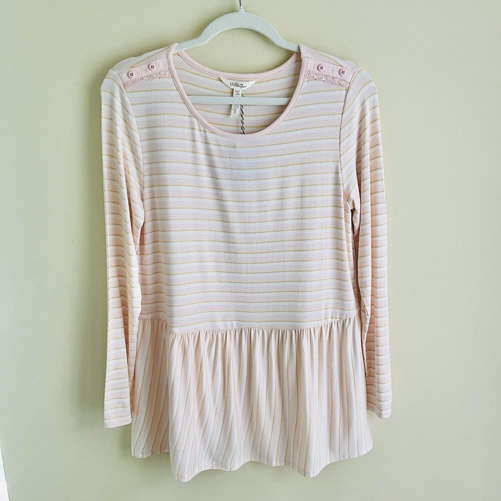 Matilda Jane Top Women's M Pink Striped Peplum Long Sleeve Rayon Blend NWT New